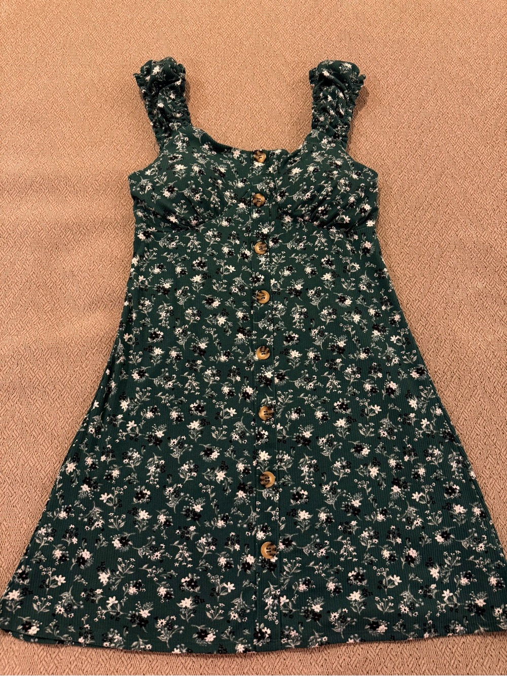 No Boundaries Junior’s Dark Green Floral Button-Front Mini Dress